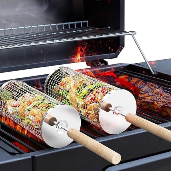 Grillkorb Set aus Edelstahl (2 Stück) – Mit Holzgriff, stapelbar, rostfrei, für Gemüse & Fleisch, BBQ & Camping Zubehör