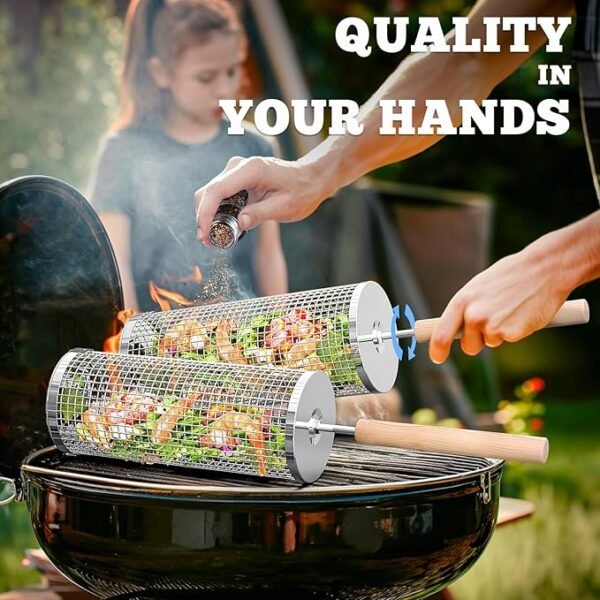 Grillkorb Set aus Edelstahl (2 Stück) – Mit Holzgriff, stapelbar, rostfrei, für Gemüse & Fleisch, BBQ & Camping Zubehör – Bild 7
