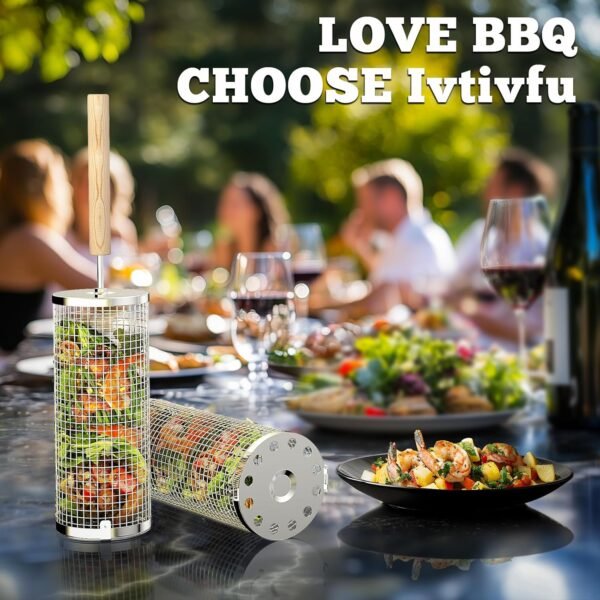 Grillkorb Set aus Edelstahl (2 Stück) – Mit Holzgriff, stapelbar, rostfrei, für Gemüse & Fleisch, BBQ & Camping Zubehör – Bild 4