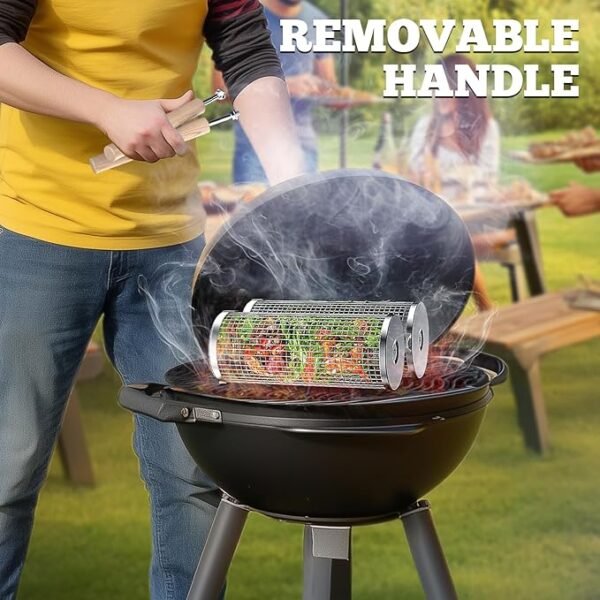 Grillkorb Set aus Edelstahl (2 Stück) – Mit Holzgriff, stapelbar, rostfrei, für Gemüse & Fleisch, BBQ & Camping Zubehör – Bild 5